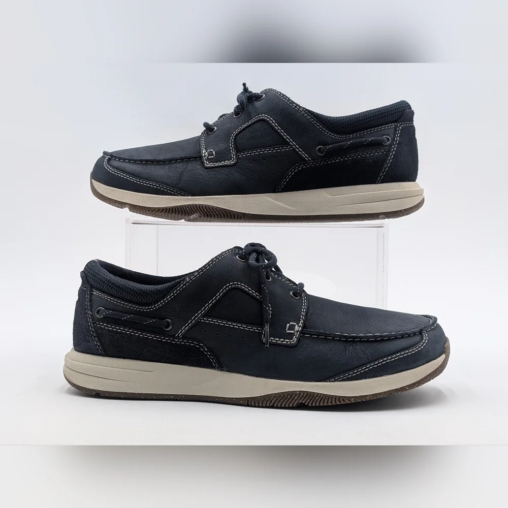 Clarks Sailview Lace Sz 11W Men Navy Nubuck Premium Leather Shoes Slip Resistant